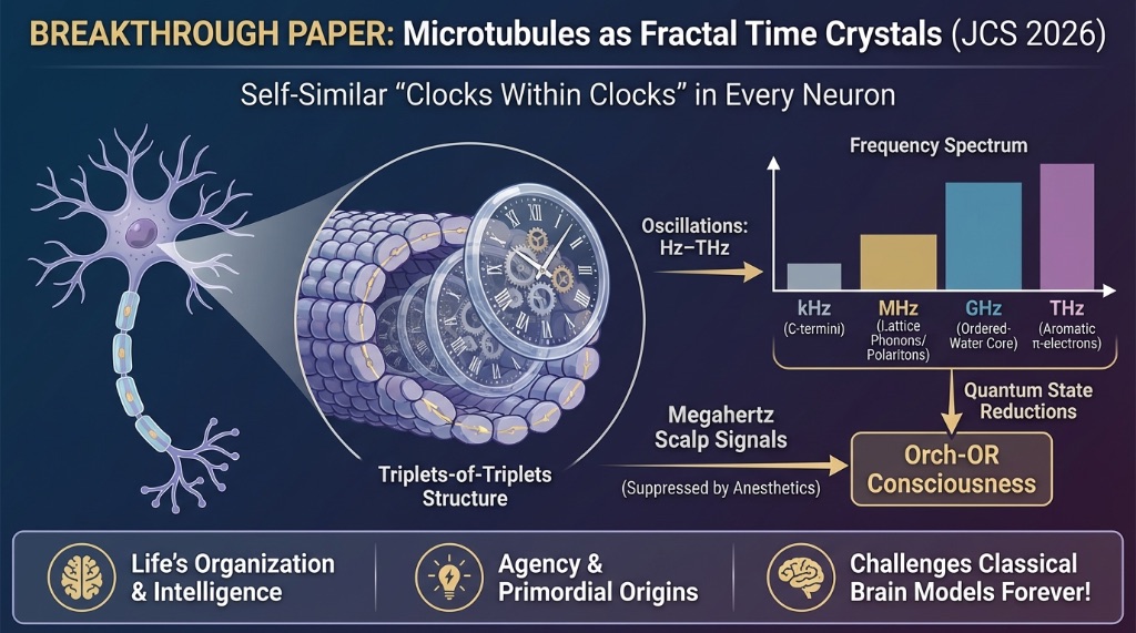 SterlingCooley's tweet photo. Orch-OR deniers are going to be having a bad day today… lol

The classical model of the brain as a simple electrical circuit is obsolete. A landmark study by Hameroff, Bandyopadhyay, and Lauretta (JCS 2026) identifies microtubules as fractal "time crystals."

Read the paper here: https://t.co/OV1HB7rgMM

These biological structures function as nested oscillators—clocks within clocks—vibrating simultaneously across frequencies from Hertz to Terahertz within every neuron.

The Orchestrated Objective Reduction (Orch-OR) model of consciousness is now mapped to four distinct quantum subsystems: C-termini (kHz), lattice phonons (MHz), ordered-water cores (GHz), and aromatic π-electrons (THz).

Megahertz scalp signals, which are suppressed by anesthetics, provide a direct empirical link between these quantum state reductions and cognitive experience.

Life is not merely a chemical accident but a coherent, fractal organization of time. This discovery redefines the foundations of intelligence, agency, and biological complexity.