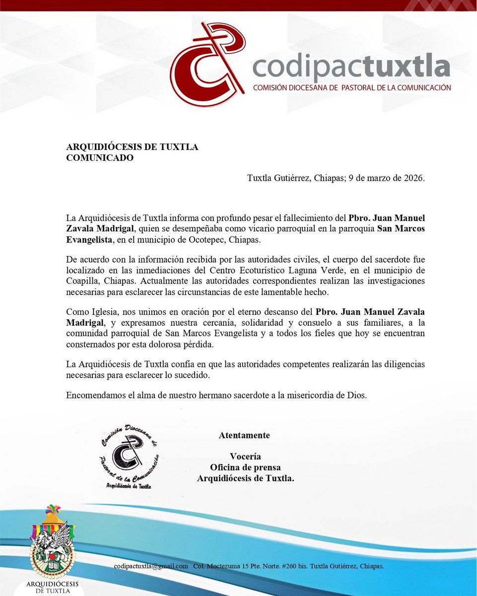 MATAN al sacerdote Juan Manuel Zavala Madrigal, LEVANTADO y DESAPARECIDO la noche de ayer después de acabar la celebración de la misa en San Andrés Carrizal, Chiapas.

Pero <a href="/Claudiashein/">Claudia Sheinbaum Pardo</a> se siente orgullosa de negar la ayuda de EUA a México para erradicar a los NARCO-TERRORISTAS.