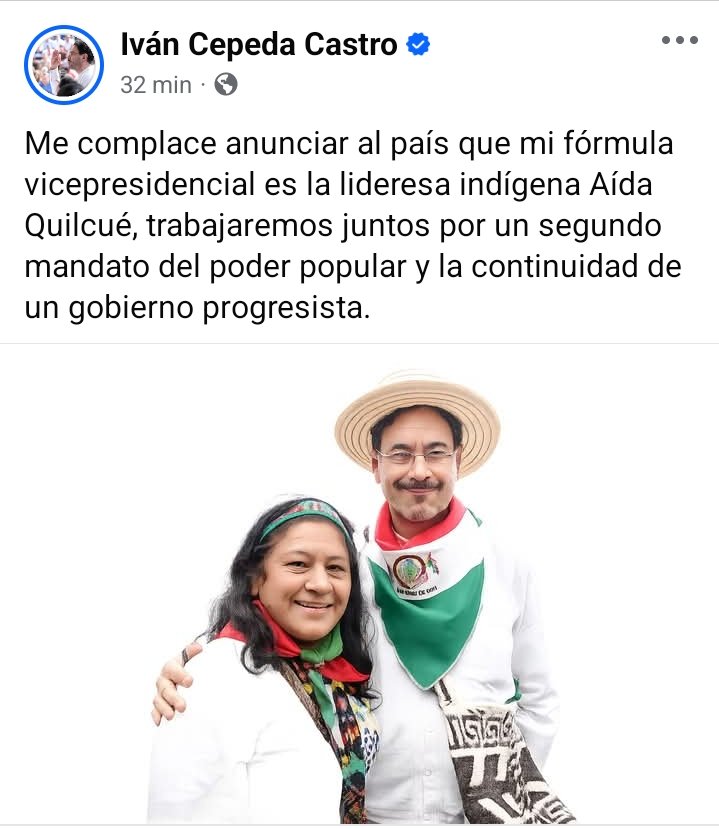 Por primera vez en Colombia una indígena será vicepresidenta. Eso solo pasa en un gobierno progresista. Tenemos que elegir a Iván Cepeda y Aída Quilcué en primera vuelta.