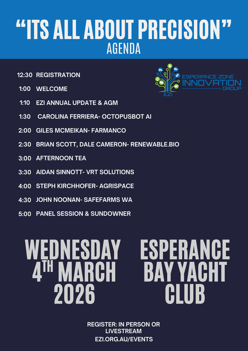 ezi_farmdata's tweet image. Watch EZI Innovation Day via LIVESTREAM
 Can’t make it to Esperance Bay Yacht Club? No worries — you can still tune in from 1pm
👉 Livestream link: sbee.link/bk3x6qpgfv
 Jump on and hear from the speakers
#EZIGroup #InnovationDay #PrecisionAg #AgTech #FarmData #Esperance