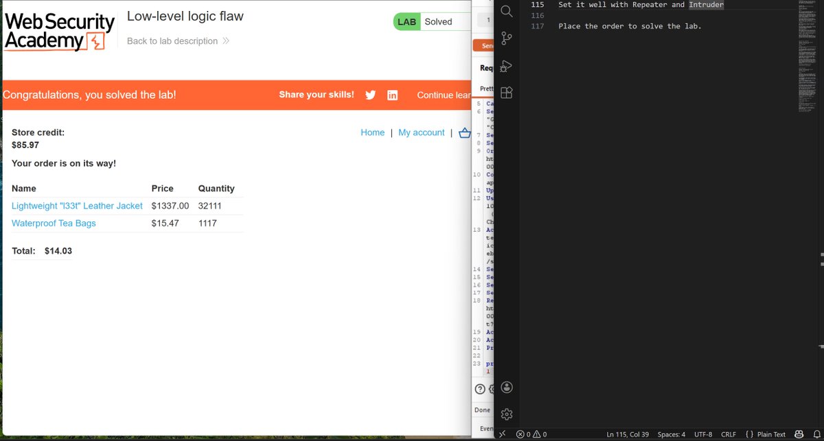 Day 94

I learned about Low-level logic flaw and sloved the lab

Godspeed

<a href="/real_nuelOj/">Nuel</a> <a href="/elormkdaniel/">Elorm Daniel</a> <a href="/ireteeh/">Dr Iretioluwa Akerele</a> <a href="/TemitopeSobulo/">Temitope Sobulo🛡️</a> <a href="/Shabosec/">Koupon</a> <a href="/lady_sheraz/">••oxRaz••</a> <a href="/Cyblackorg/">CyBlack</a>