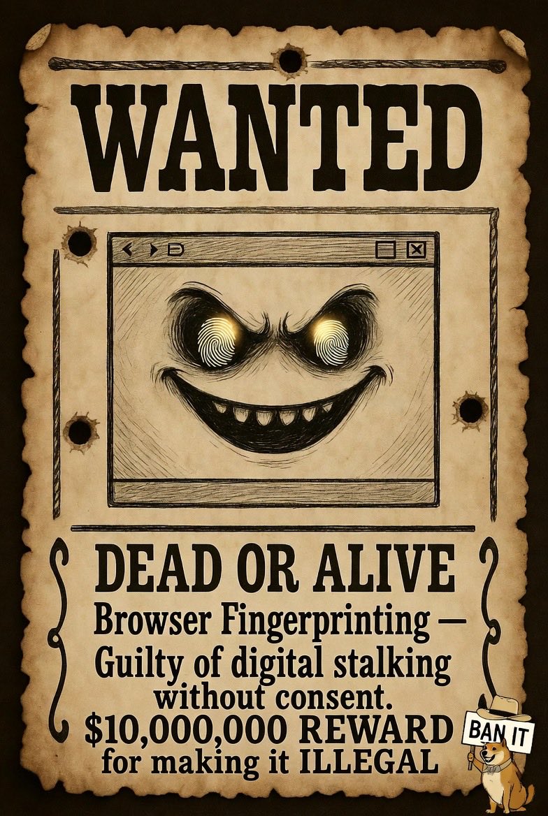 Thomas_Lane2's tweet image. It should be ILLEGAL. Period.
Treat it like wiretapping — ban it outright.
Real privacy isn’t optional in 2026.
Who’s with me? Ban browser fingerprinting now.
#BanBrowserFingerprinting #PrivacyIsFreedom @elonmusk @Snowden @EFF @Brave @BigBrotherWatch
#BanBrowserFingerprinting