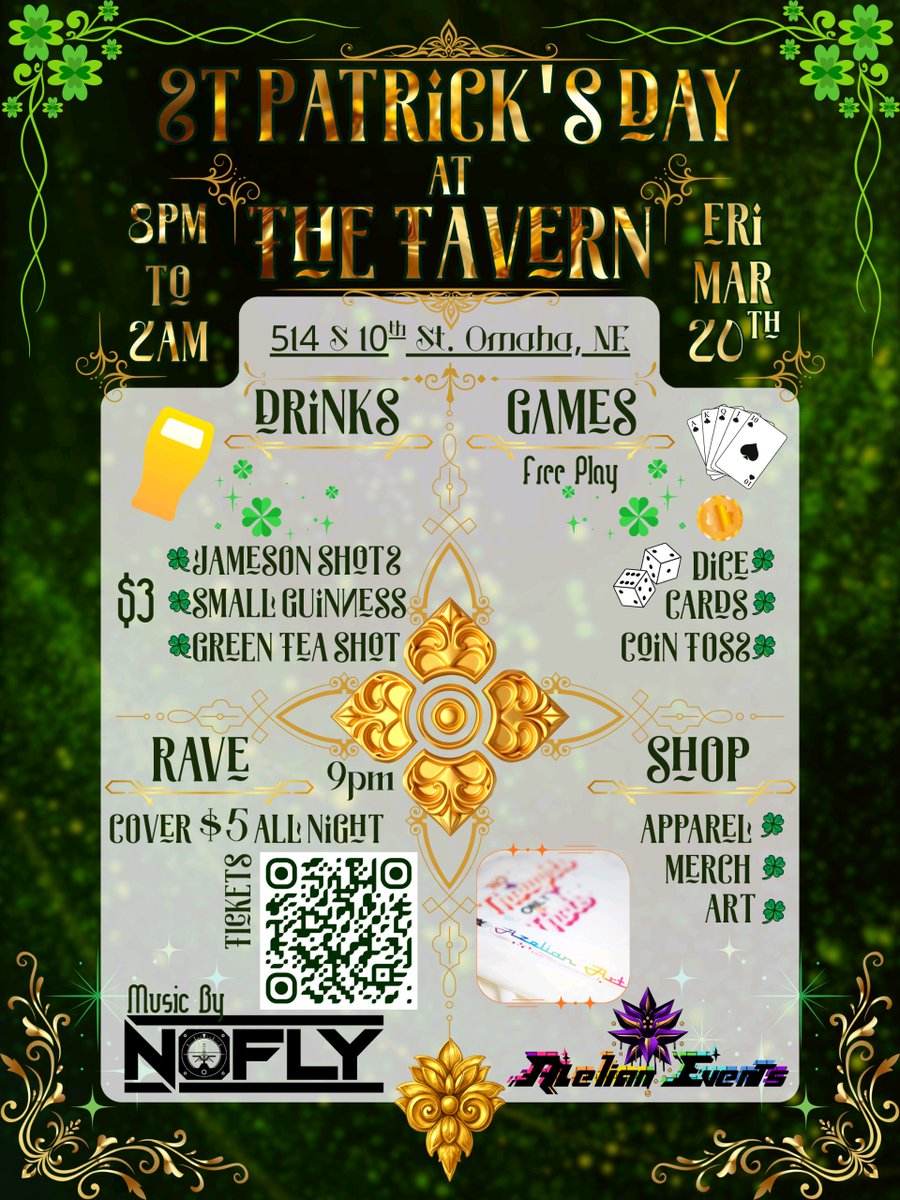 🍀St. Patrick's Day Rave🍀

☘️Friday March 20th - @ The Tavern
🪙8pm-2am - Music at 9 feat. <a href="/NoFlyGuy/">NoFlyGuy</a>
🌟$5 Cover all Night
💚Rave outfits encouraged

21+ only

🎟Tickets-> conspace.app/events/stpatri…

#rave #raver #stpatricksday #games #party