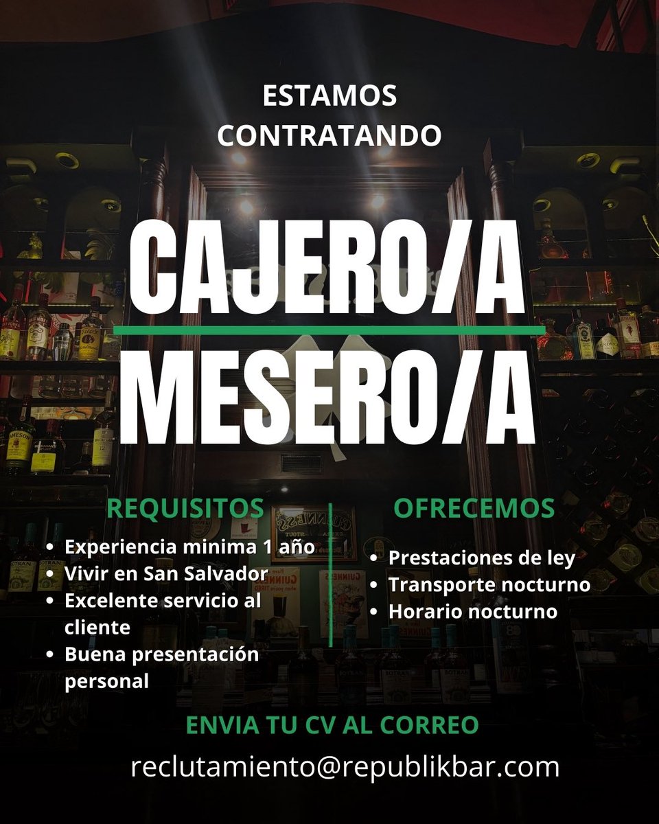 republikbarsv's tweet photo. Oportunidad laboral 🍀 https://t.co/zz0co2645z