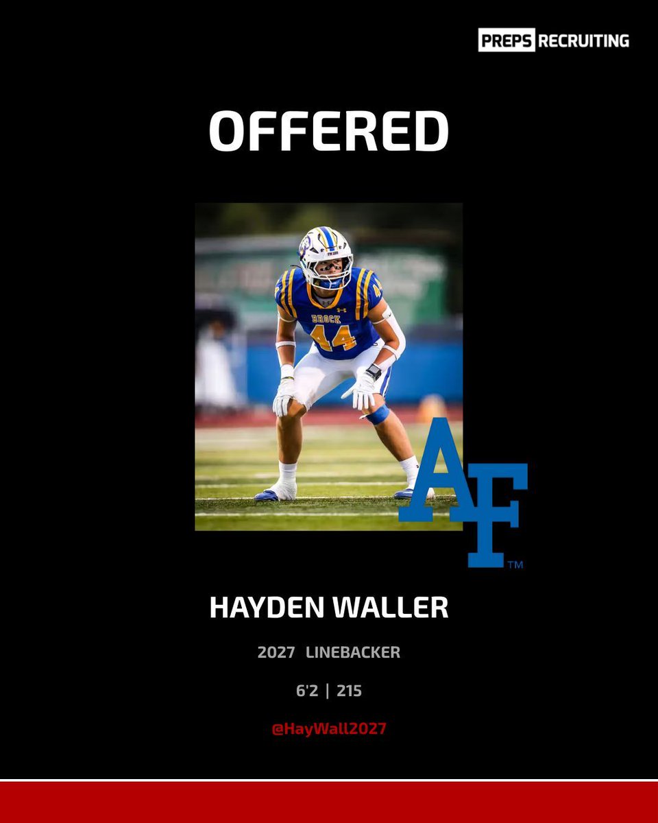 prepsrecruit's tweet photo. A major opportunity on the board πΊπΈ Hayden Waller (@HayWall2027) earns an offer from the United States Air Force Academy! The 6'2", 215-lb 2027 linebacker continues to stand out with physicality and leadership on defense. The path forward keeps building ππͺ
#prepsrecruiting #AirForceAcademy #Linebacker #ClassOf2027 #NextLevel