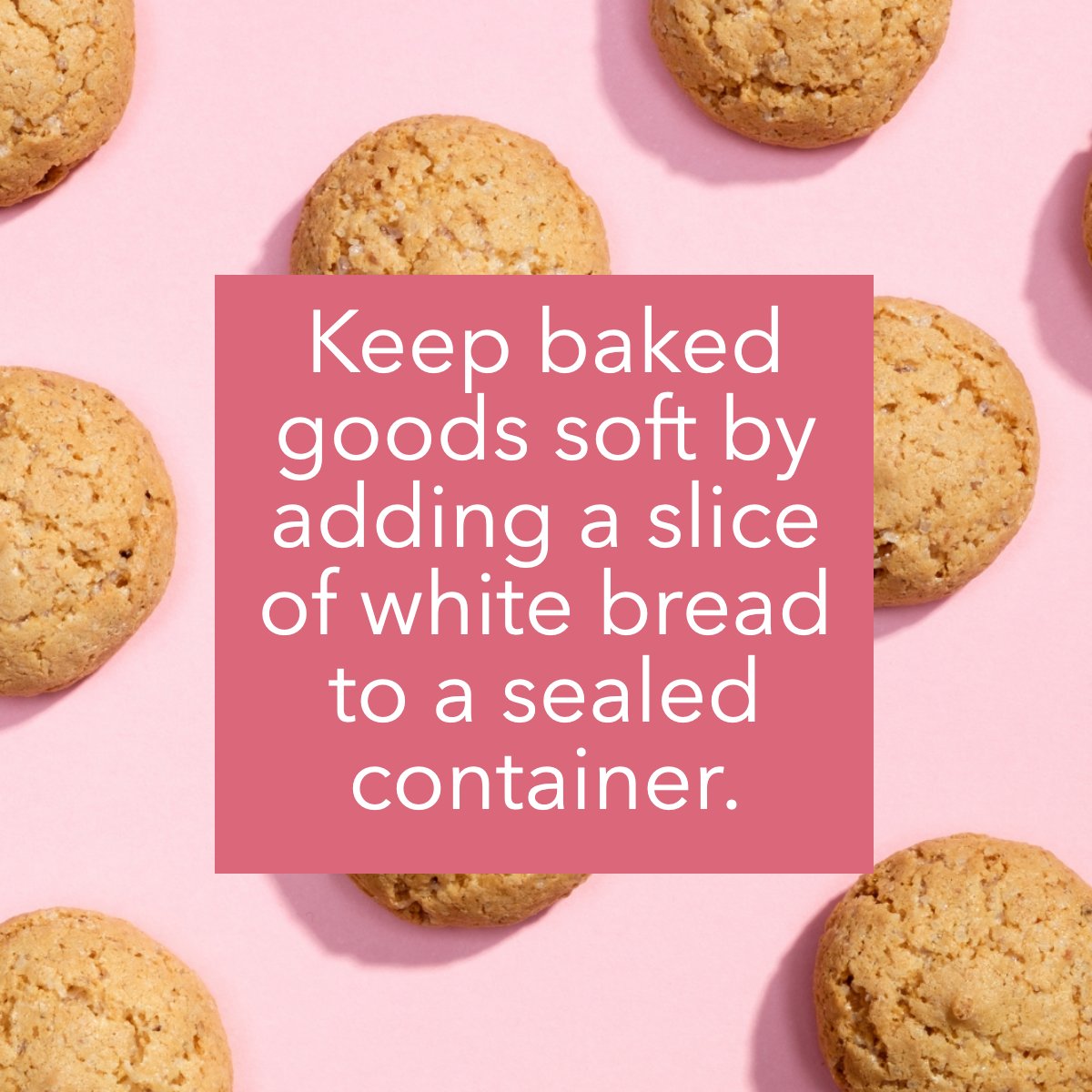 jeraca's tweet photo. Here’s a #bakinghack:

Keep baked goods soft by adding a slice of white bread 🍞 to the container.

What's your favorite cookie 🍪? Share in the comments!

#cookies #pink #baking #kitchenhack #funfact #bakingtips https://t.co/kDlZM70ZzU
