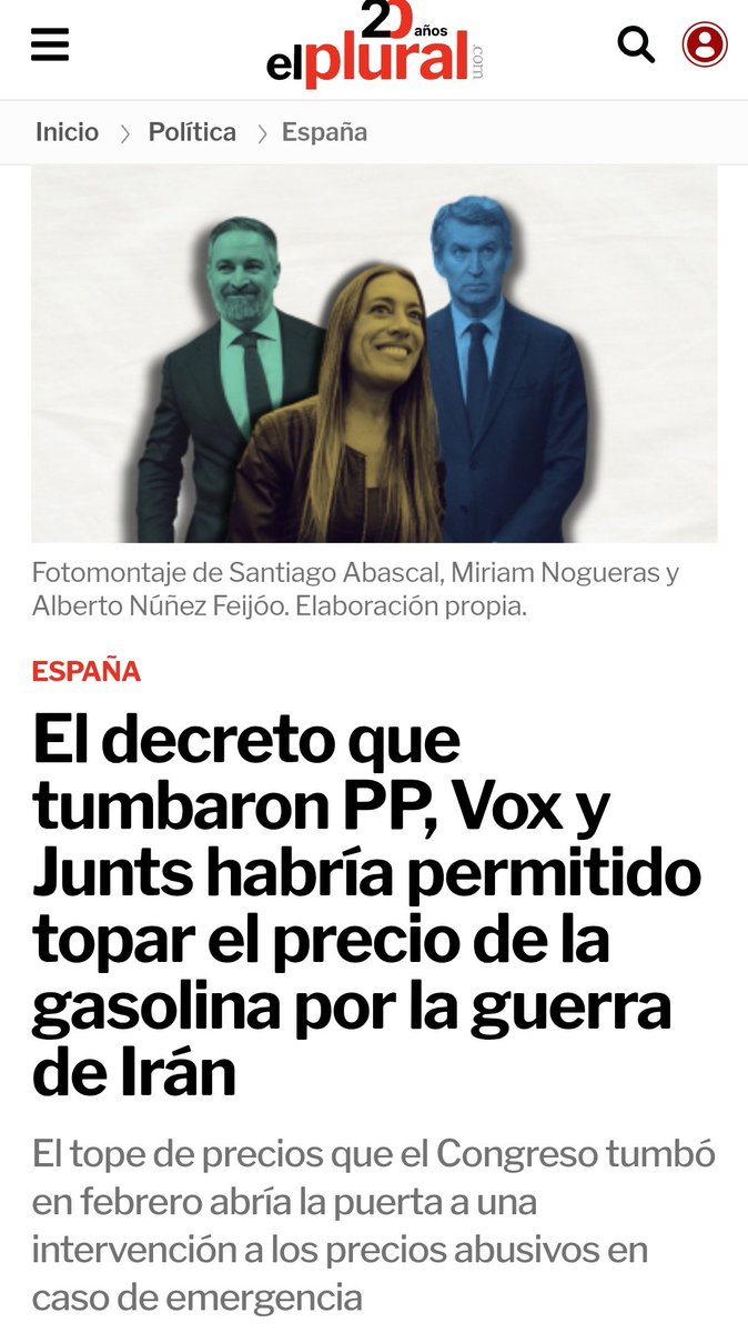 johnsixx256's tweet photo. @EsterMunoz85 Es muy facil dejaros en la mierda👇

El decreto que tumbaron PP, Vox y Junts habría permitido topar el precio de la gasolina por la guerra de Irán
El tope de precios que el Congreso tumbó en febrero abría la puerta a una intervención a los precios abusivos en caso de emergencia https://t.co/kYBWwik1ua