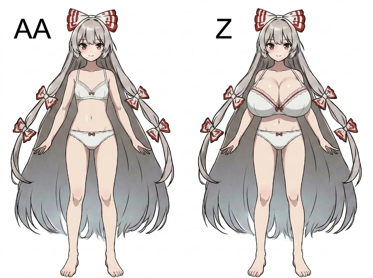 nanobananaの知見。
バストサイズはカップ数で指定すればよかった。曖昧に大とか小と指定するよりも確実にコントロールできる。
AAに指定すれば、今まで難しかった完全に平坦なバストも再現できる。
Zより上はどうすればいいんやろ… 
