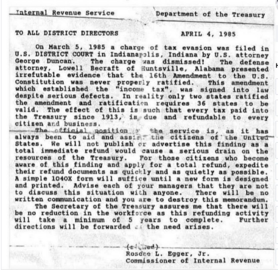 Alexwest1776U's tweet photo. 🚨SHOCKING IRS BOMBSHELL! Leaked 1985 Letter from IRS Commissioner EXPOSES the 16th Amendment as a FRAUD – Income Tax Was NEVER Legal! $330 TRILLION STOLEN – TIME TO FIGHT BACK!

🔥EXPLOSIVE IRS SCANDAL REVEALED! The 16th Amendment was NEVER legally ratified—meaning every dollar you’ve paid in income tax since 1913 was STOLEN! A bombshell letter from an IRS Commissioner (1985) proves the biggest financial FRAUD in U.S. history! It’s time to EXPOSE the Deep State, DEMAND our money back, and ABOLISH the IRS for good! READ NOW & JOIN THE FIGHT!

🚨THE IRS SCANDAL: A CENTURY OF FRAUD, LIES, AND THE ILLEGAL THEFT OF AMERICA’S WEALTH

FOLLOW ME, THE NEXT DROP WILL BE SHOCKING