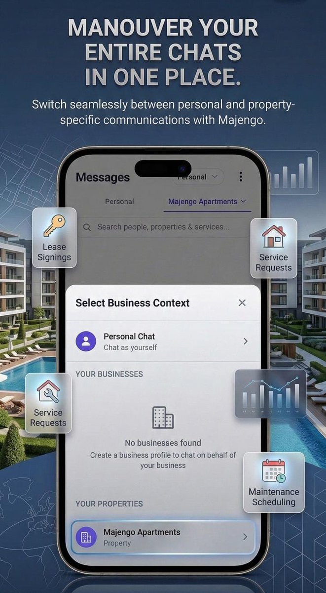 majengosolution's tweet image. Managing properties while trying to keep up with personal chats? We’ve made it simple. Toggle between "Personal" and "Majengo" contexts in seconds. ⚡️

Your communications, unified. #SmartManagement  #Majengo
