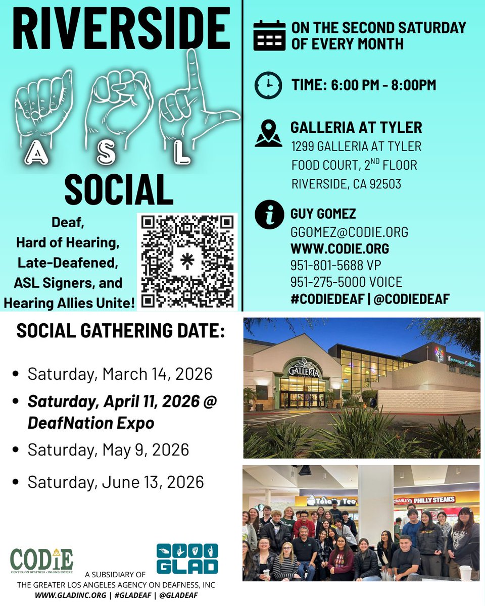 CODIEdeaf's tweet image. Riverside ASL Social next meeting is on Sat, March 14, 2026 @ 6 pm.
For inquiries, contact ggomez@codie.org, 951-801-5688 videophone, or 951-275-5000 voice.
More information is available at codie.org/hhld/.
#codiedeaf #hardofhearing #latedeafened #deafcommunity #aslclub