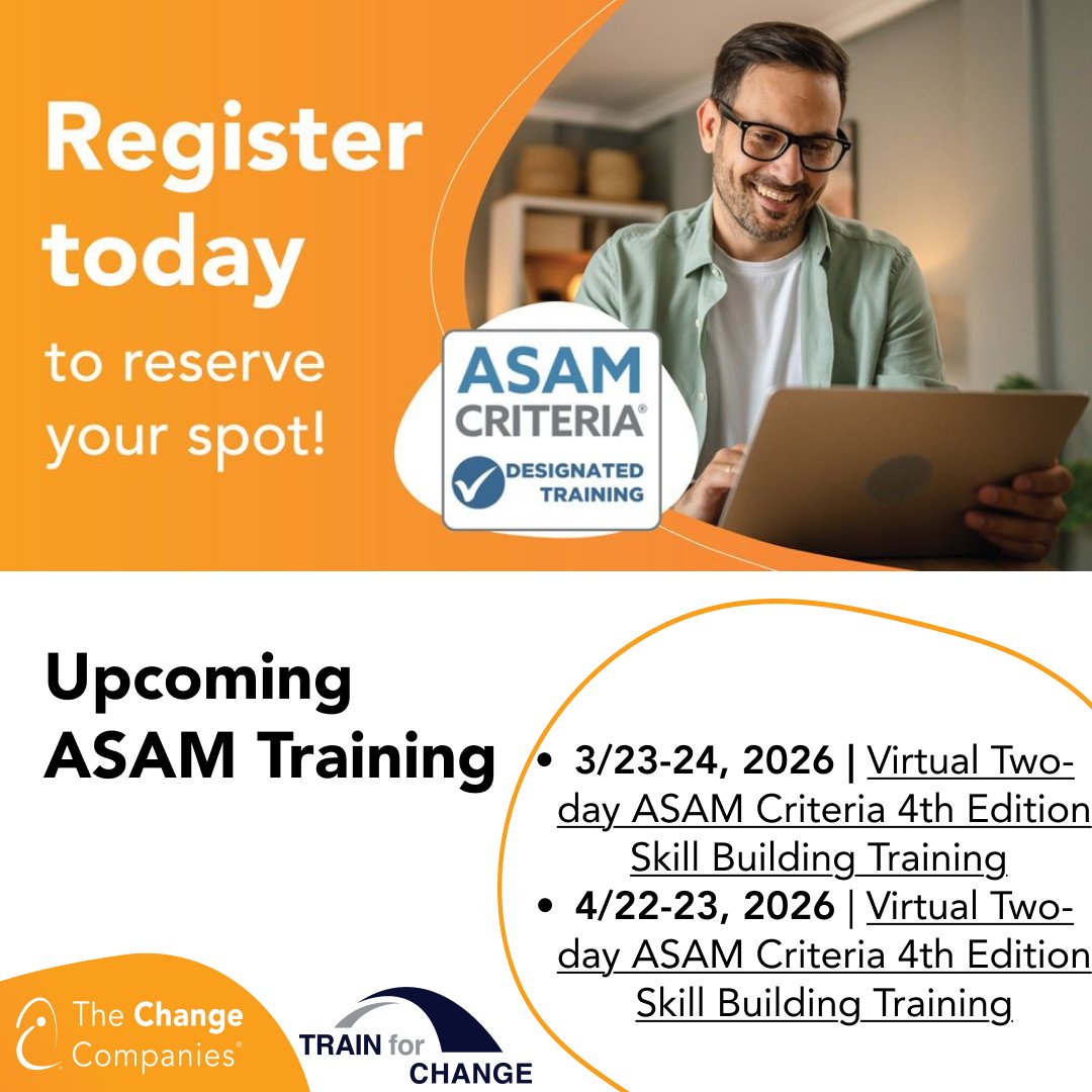 💻#ASAMCriteria Trainings are open! Join virtual sessions with Train for Change to strengthen clinical skills &amp; deliver evidence-based care.
• 3/23-24: Virtual Two-day ASAM Criteria 4th Edition Skill Building Training
🔗Register now: hubs.la/Q0466T9-0

#ClinicalTraining