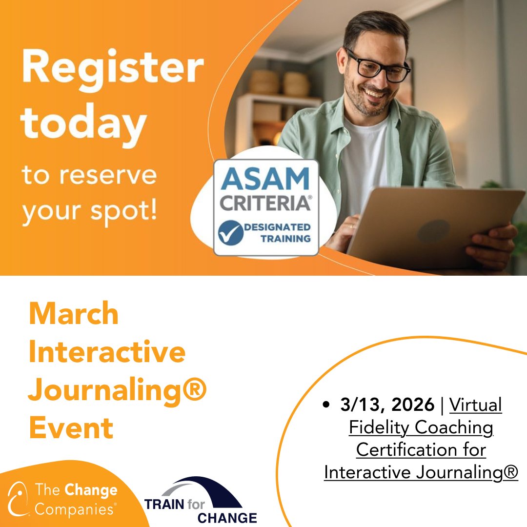 March 2026 Interactive Journaling® Open Enrollment is Now LIVE!
• 3/13, 2026 | Virtual Fidelity Coaching Certification for Interactive Journaling®
🔗 Register now: hubs.la/Q0466Gt80

Seats are limited！

#virtualtraining #evidencebasedpractice #FacilitatorTraining