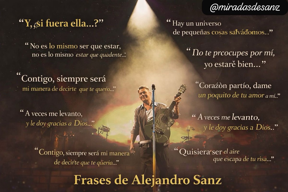 Las canciones de Alejandro Sanz no solo se escuchan… se sienten. ❤️

Hoy recordamos algunas de sus frases más icónicas, esas que se quedan para siempre en el corazón.

¿Qué frase o canción de Alejandro Sanz te llega más al alma?

#AlejandroSanz #FrasesDeAlejandroSanz #SanzFans