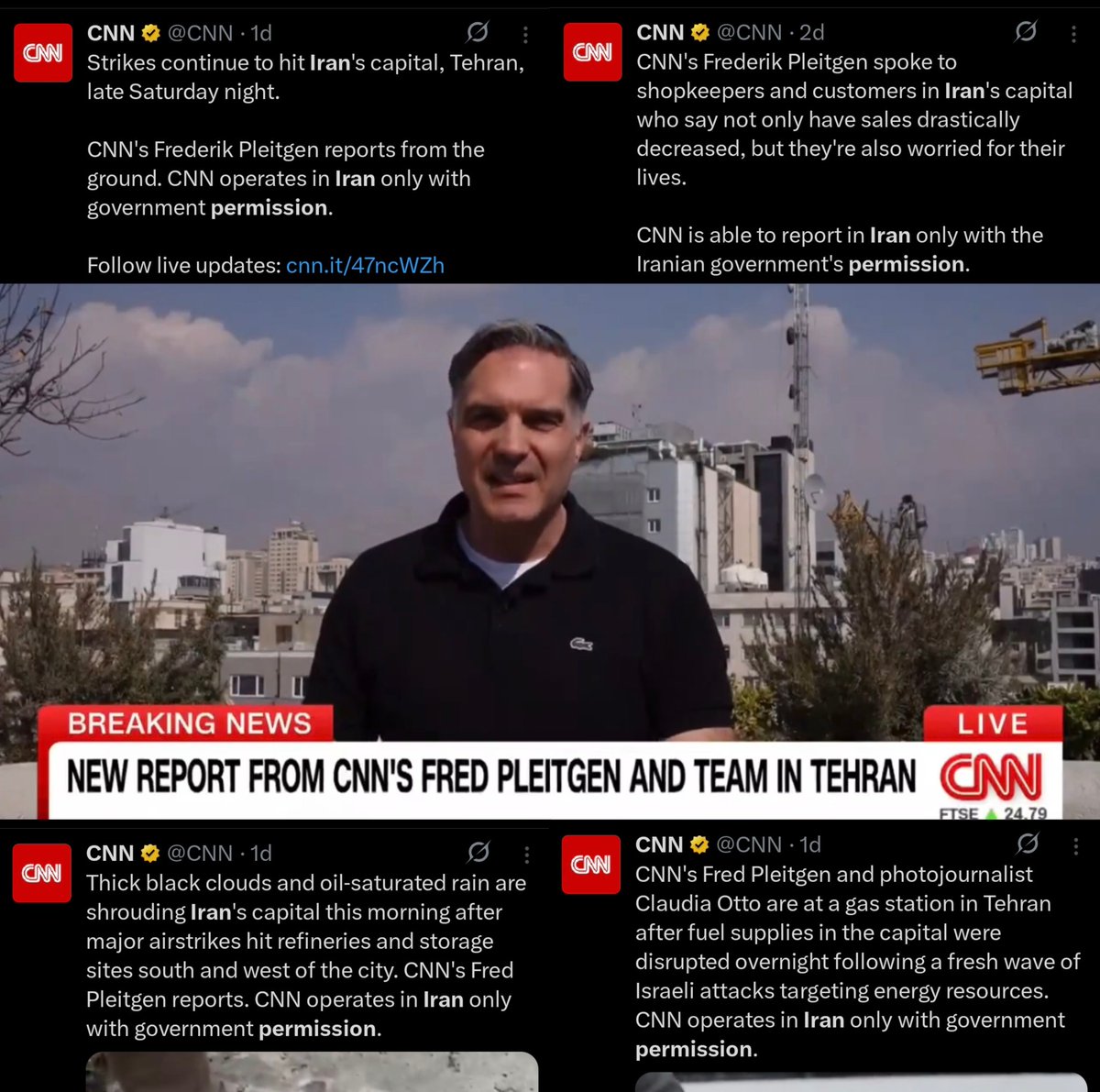 EFischberger's tweet photo. CNN’s coverage from Iran has convinced me that Israel was right to restrict foreign media access in Gaza.

Yes, it caused Israel some bad headlines. But just look at CNN in Iran, then imagine the kind of staged propaganda Hamas would've fed Western outlets from inside Gaza https://t.co/d7pZoUoIaZ