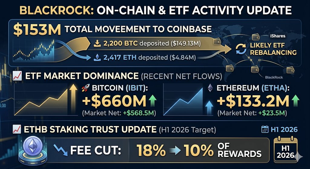 🚀 BlackRock Activity Alert 🐋

$153M On-chain Movement
📥 BTC: 2,200 deposited ($149.1M)
📥 ETH: 2,417 deposited ($4.8M)
🔄 Purpose: Likely ETF rebalancing via Coinbase

ETF Market Dominance
📈 IBIT: +$660M (Market Net: +$568.5M)
📈 ETHA: +$133.2M (Market Net: +$23.5M)

ETHB