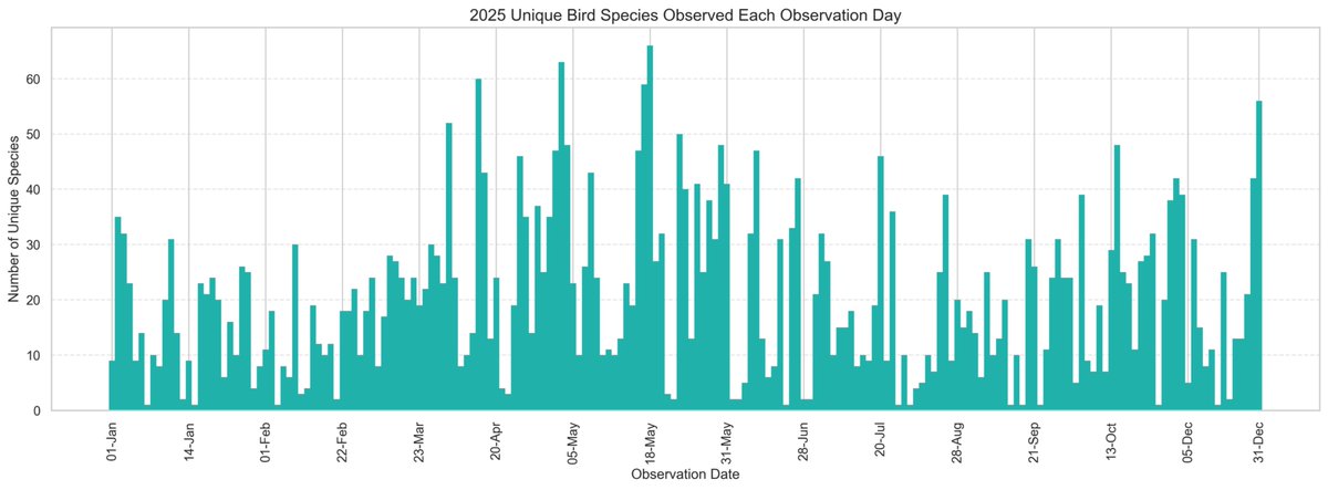 aucarius's tweet photo. My BirdTrack-inspired graphics for 2025 sightings built from @Team_eBird data. Grok helped me update the Jupyter notebook to create the images. May & Nov the best months (as usual). Most productive sites were two 'My Yards' & nearby Audubon & State Park hotspots. Big cumulative uplifts from Alaska in July & Florida in Dec/Jan.