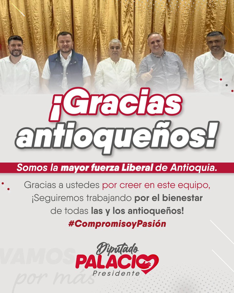 PalacioPolitico's tweet photo. ¡Gracias Antioqueños!

Lo que se vivió el día de ayer fue algo impresionante. Desde la mañana sentimos el apoyo y el cariño de la gente.

Que orgullo hacer parte de este equipo comprometido con la comunidad. Mis más grandes felicitaciones a Camilo y a Santiago por este gran logro https://t.co/2yW3oAYWJO