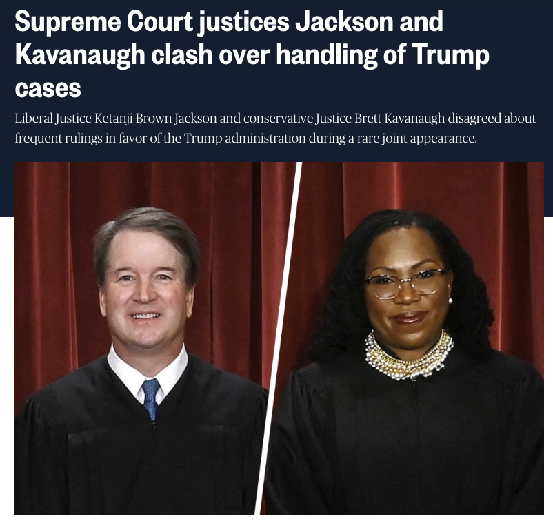 lawrencehurley's tweet image. NEW: Liberal Justice Ketanji Brown Jackson and conservative Justice Brett Kavanaugh clashed during a rare joint public appearance over the Supreme Court's frequent rulings for Trump via the shadow docket: