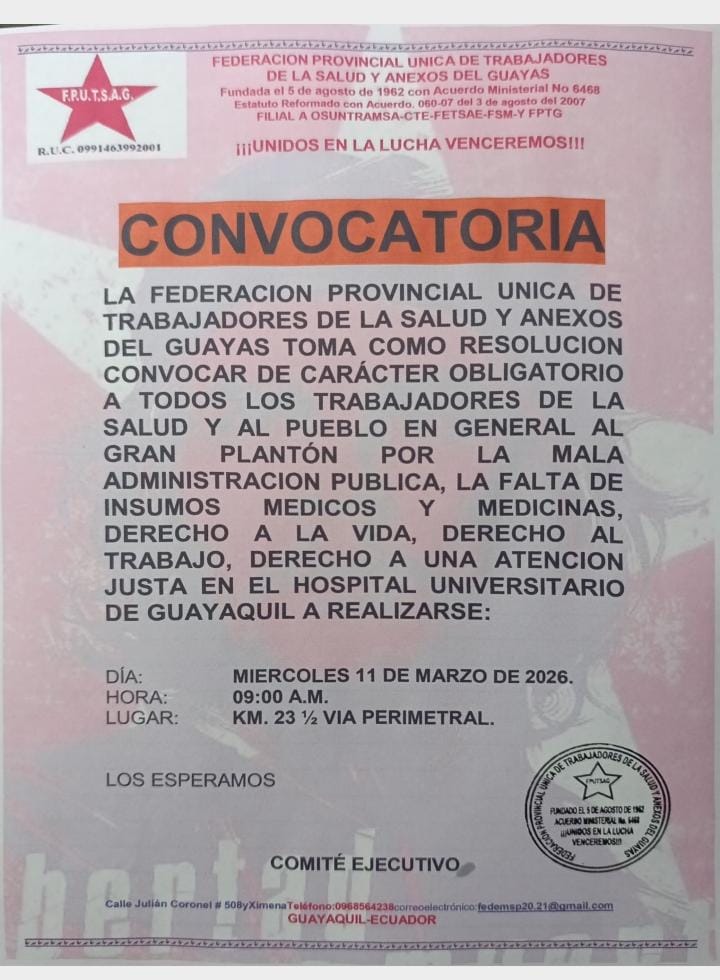 <a href="/Fptg2025/">Federación Provincial de Trabajadores del Guayas.</a> Apoya 
 llamado ciudadano al #PlantónEnGuayaquil  miércoles 11 de marzo de 2026 09:00 A.M. en el Km 23½ de la Vía Perimetral
La #salud los derechos de la #población deben ser respetados la participación ciudadana es clave para exigir soluciones y atención digna #URGENTE