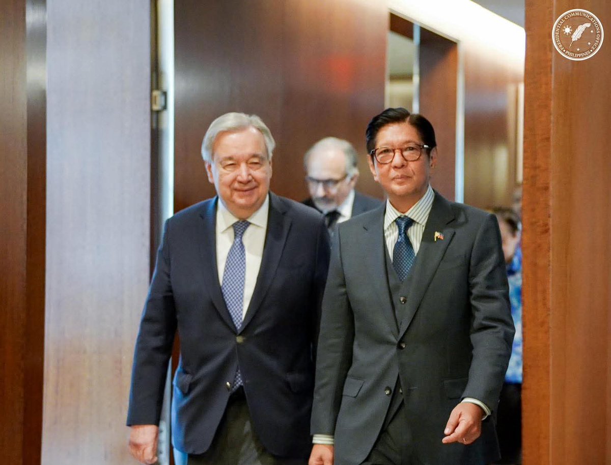 MB_unite's tweet photo. LOOK: President  Marcos President met with United Nations Secretary-General António Guterres at the UN Headquarters in New York for a bilateral meeting covering various topics, including the Philippines’ bid for a non-permanent seat on the UN Security Council. @manilabulletin https://t.co/5uYsgbRwuJ
