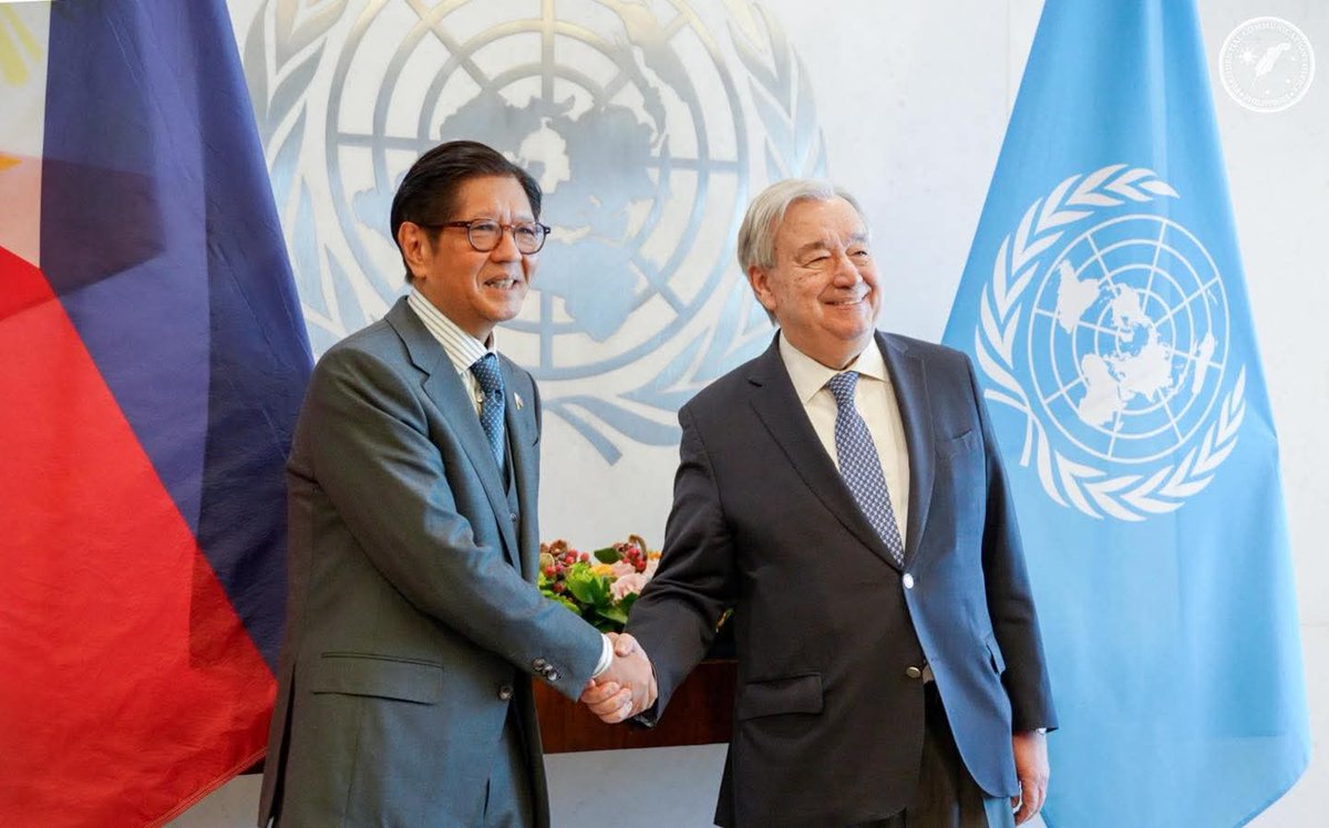 MB_unite's tweet photo. LOOK: President  Marcos President met with United Nations Secretary-General António Guterres at the UN Headquarters in New York for a bilateral meeting covering various topics, including the Philippines’ bid for a non-permanent seat on the UN Security Council. @manilabulletin https://t.co/5uYsgbRwuJ