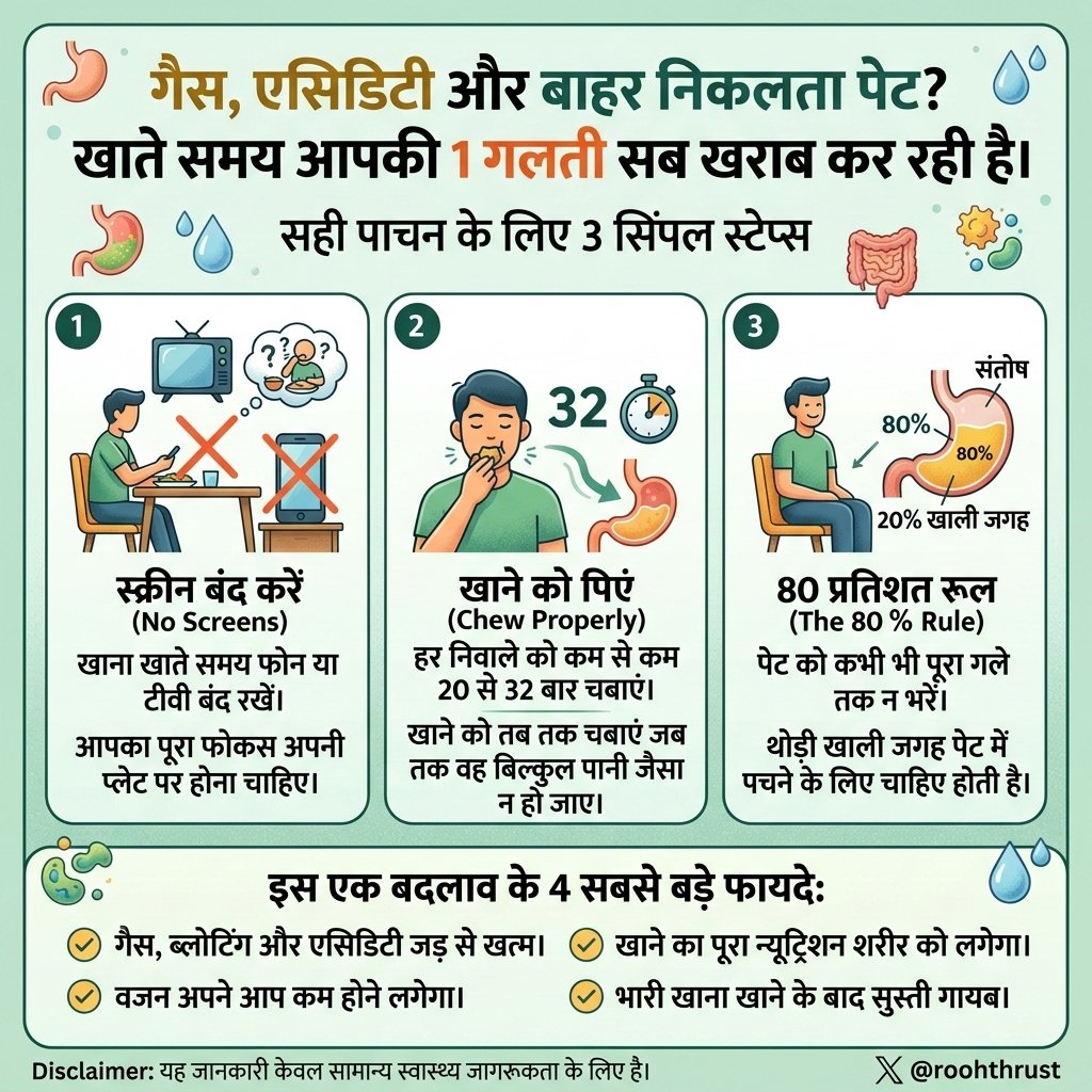RoohThrust's tweet photo. गैस, एसिडिटी और बाहर निकलता पेट? खाते समय आपकी 1 गलती सब खराब कर रही है।

क्या आप भी खाना खाते समय टीवी या फोन देखते हैं? और कई बार बिना ठीक से चबाए जल्दी-जल्दी निगल लेते ���ैं?
अगर ऐसा होता है, तो गैस, ब्लोटिंग और बढ़ते वजन की वजह सिर्फ आपका खाना नहीं, बल्कि खाने का तरीका भी हो सकता है। कई बार सिर्फ चबाकर खाने की एक छोटी आदत पाचन और सेहत दोनों में बड़ा फर्क ला सकती है।

यह कैसे काम करता है (The Science):
अक्सर लोग सोचते हैं कि पाचन पेट से शुरू होता है, लेकिन असल में पाचन की प्रक्रिया मुंह से ही शुरू हो जाती है। हमारी लार में ऐसे एंजाइम होते हैं जो खाने को तोड़ने की प्रक्रिया शुरू कर देते हैं।
जब हम खाना जल्दी-जल्दी निगल लेते हैं, तो पेट को उसे पचाने के लिए ज्यादा मेहनत करनी पड़ती है और ज्यादा एसिड बनता है। इसी वजह से कई लोगों को एसिडिटी, गैस और ब्लोटिंग की समस्या महसूस होती है।

एक और महत्वपूर्ण बात यह है ���ि पेट से दिमाग तक यह संकेत पहुँचने में लगभग 20 मिनट लगते हैं कि पेट भर गया है। जो लोग बहुत तेजी से खाते हैं, वे अक्सर जरूरत से ज्यादा खा लेते हैं, जिससे वजन बढ़ने की संभावना बढ़ जाती है।

सही पाचन के लिए 3 सरल आदतें:

1. स्क्रीन बंद रखें (No Screens)
खाना खाते समय टीवी या फोन से दूरी रखें। जब ध्यान स्क्रीन पर होता है, तो अक्सर हमें पता ही नहीं चलता ��ि हमने कितना खा लिया।

2. खाने को अच्छे से चबाएं (Chew Properly)
हर निवाले को धीरे-धीरे चबाने की कोशिश करें। कई लोग 20–30 बार चबाने की सलाह देते हैं, ताकि खाना अच्छे से टूट जाए और पाचन आसान हो।

3. 80 प्रतिशत रूल अपनाएं (The 80% Rule)
पेट को पूरी तरह भरने की बजाय थोड़ा हल्का रखें। जब लगे कि अब लगभग पेट भर गया है, तो वहीं रुक जाना बेहतर माना जाता है।

इस छोटे बदलाव के संभावित फायदे: • गैस, ब्लोटिंग और एसिडिटी कम होने में मदद मिल सकती है
• धीरे खाने से पोर्शन कंट्रोल आसान हो जाता है, जिससे वजन संतुलित रह सकता है
• शरीर को खाने का पोषण बेहतर तरीके से मिल सकता है
• खाना खाने के बाद आने वाली भारीपन और सुस्ती कम महसूस हो सकती है

मेरी राय:
शुरुआत में हर निवाले को गिनकर चबाना थोड़ा अजीब लग सकता है। इसलिए खुद पर दबाव न डालें। बस कोशिश करें कि धीरे खाएं, स्वाद लेकर खाएं और जल्दी-जल्दी निगलने से बचें। यही छोटी आदत धीरे-धीरे बड़ा फर्क ला सकती है।

आप खाना खाते समय टीवी या फोन देखते हैं या नहीं? कमेंट में जरूर बताइए।

Disclaimer:
यह जानकारी केवल सामान्य स्वास्थ्य जागरूकता और लाइफस्टाइल सुधार के उद्देश्य से साझा की गई है। यह किसी भी प्रकार की चिकित्सीय सलाह (medical advice) का विकल्प नहीं है। यदि आपको पाचन से जुड़ी गंभीर समस्या है, तो योग्य डॉक्टर से सलाह अवश्य ल��ं।
इस पोस्ट में दिखाई गई तस्वीरें केवल प्रतिनिधित्व के लिए हैं और AI-generated हो सकती हैं।