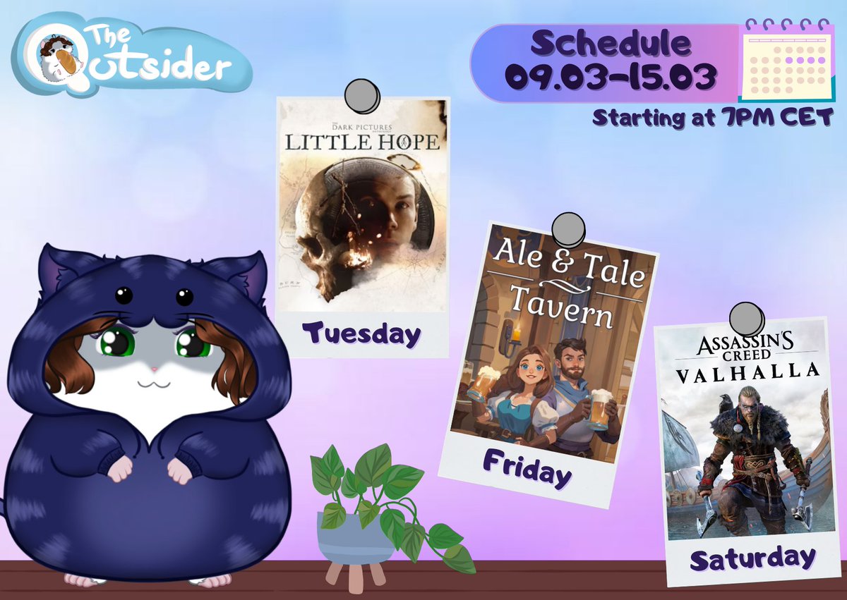 Meep meep, it's schedule time.
This week will be full of variety, we gonna start a new cool game, then collab with <a href="/Vew_Dayo/">Vew 🐈‍⬛</a> to serve all clients some good food. 
At the weekend we're going back to murder, plunder and grind.
Have a sunny week!