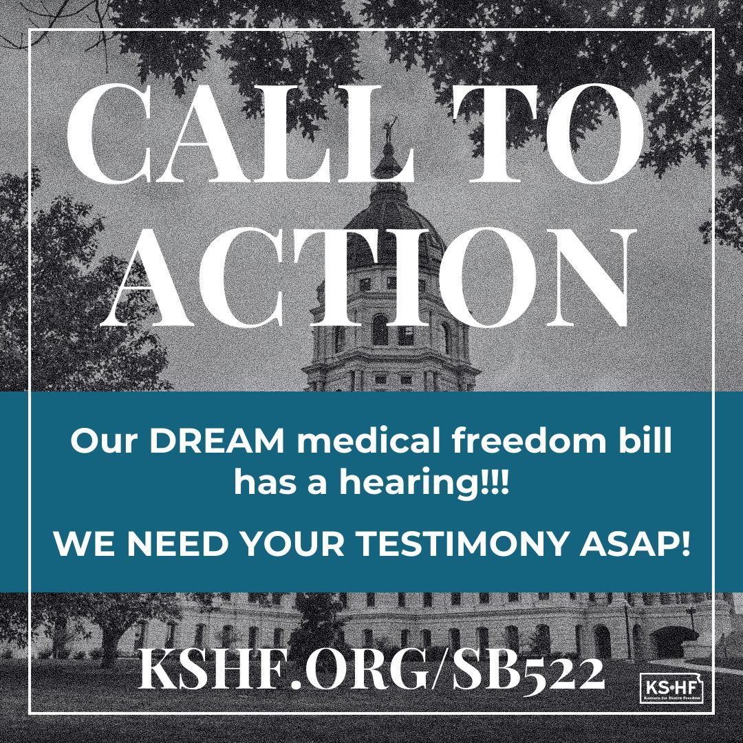 Our Freedom Bill Has a Hearing!!! We need your testimony ASAP!

SB522 has a hearing scheduled for Friday, March 13 at 8:30 AM in Room 142-S. We need health freedom advocates to show up in droves!  Go to kshf.org/sb522 for more information.