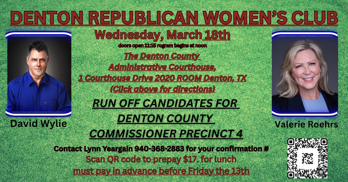 DentonRWC's tweet photo. Come join   @DentonRWC  at our March 18th meeting with Run Off Candidates for Denton County Commissioner Precinct 4 at 
1115am at The Denton County Administrative  Courthouse, One Courthouse Drive 
Denton, Texas 76208. 
RSVP Required to attend,  contact Lynn  940-368-2883 https://t.co/LQrtcWGfkJ