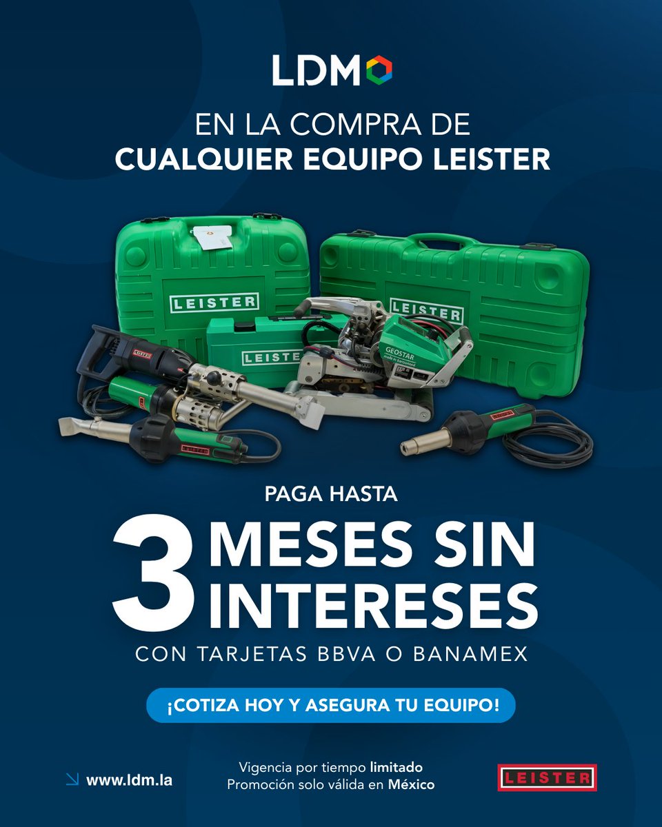 🔥 Equípate con tecnología profesional Leister y paga a tu ritmo.
Aprovecha esta promoción exclusiva y adquiere cualquier equipo Leister con mayor facilidad para tu proyecto o negocio.

WhatsApp: hubs.la/Q0466_J30

#Leister #Termosoldadura #Geomembranas #Industria
