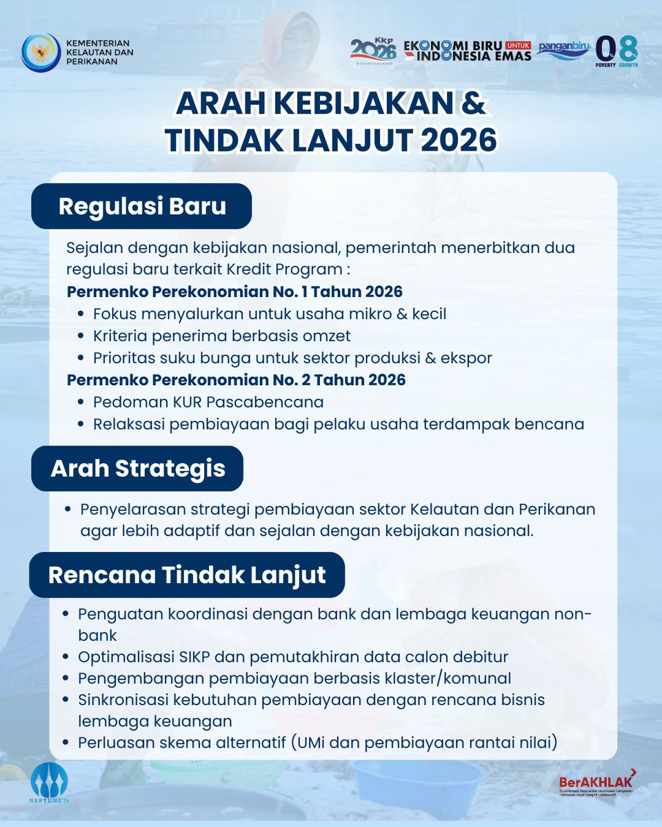 DadangRusnanda2's tweet photo. Sahabat Bahari, dukungan pembiayaan sektor kelautan menguat. 
Kredit program mencpai Rp7,45 triliun dan menjngkau 300 ribu lebih pelaku usaha, trutama budi daya, penangkapan &amp; perdagangan hasil perikanan.
#2026KKPGrowStronger #SaktiWahyuTrenggono #KKPGOID
#dukunganpembiayaan785HZ https://t.co/cLgaxXsod9