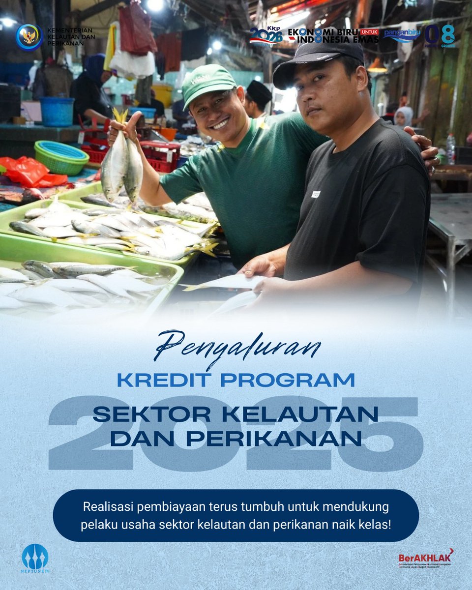 DadangRusnanda2's tweet photo. Sahabat Bahari, dukungan pembiayaan sektor kelautan menguat. 
Kredit program mencpai Rp7,45 triliun dan menjngkau 300 ribu lebih pelaku usaha, trutama budi daya, penangkapan &amp; perdagangan hasil perikanan.
#2026KKPGrowStronger #SaktiWahyuTrenggono #KKPGOID
#dukunganpembiayaan785HZ https://t.co/cLgaxXsod9