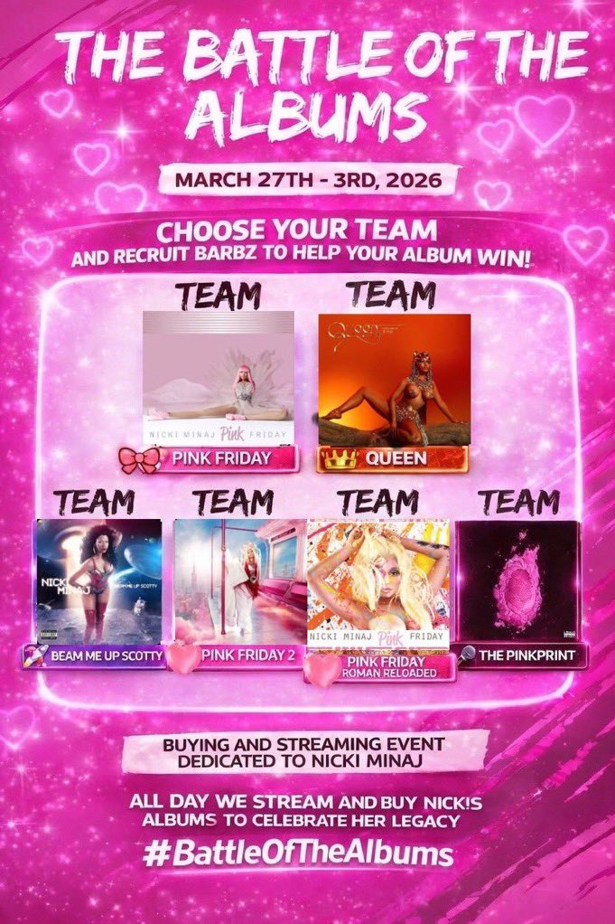 FeelTheBass86's tweet image. Barbz, time to focus

By March 26th, make your choice pick your favorite Nicki Minaj album to rep hard

Then, starting March 27th, for 7 straight days, we BUY, STREAM, and PROMOTE the chosen album like never before. Let's flood the charts and show the Queen all the love she