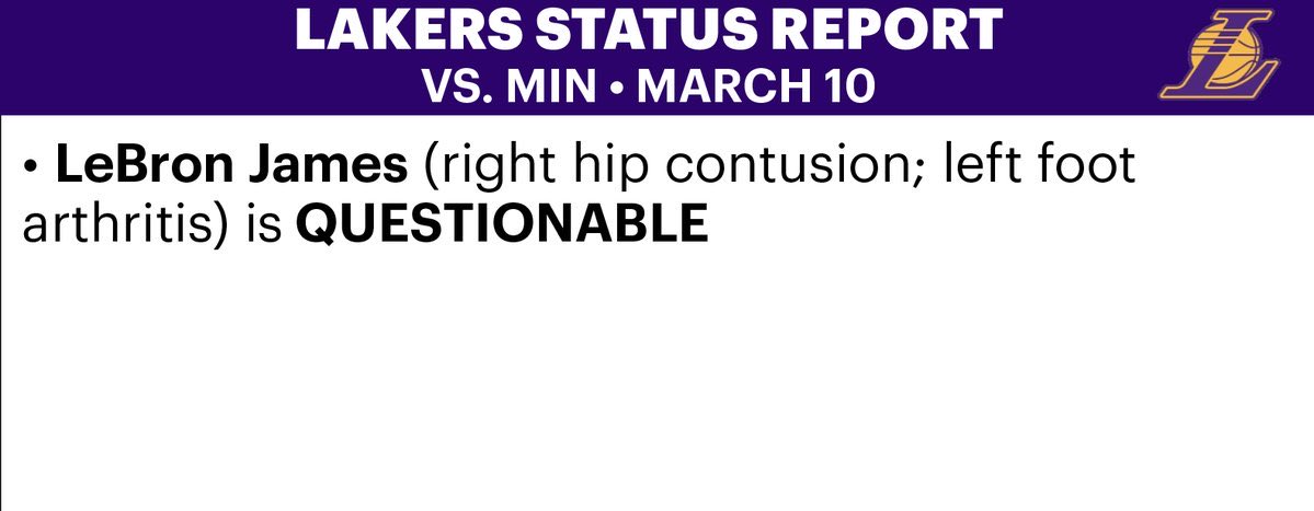 mcten's tweet photo. LeBron James is listed as questionable for Tuesday vs. MIN. His left elbow is apparently healed, but he is also dealing with a right hip contusion, the team says https://t.co/RRMfu48sh5