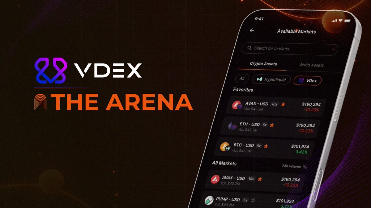 Arena Perps has passed $100M in total volume!

To celebrate this milestone, we are pleased to announce our new official perps partner!

VDEX <a href="/0xVDEX/">VDEX</a> 🦈 

Arena is the official social app for VDEX perps trading. Users will have the option to toggle between VDEX or Hyperliquid.