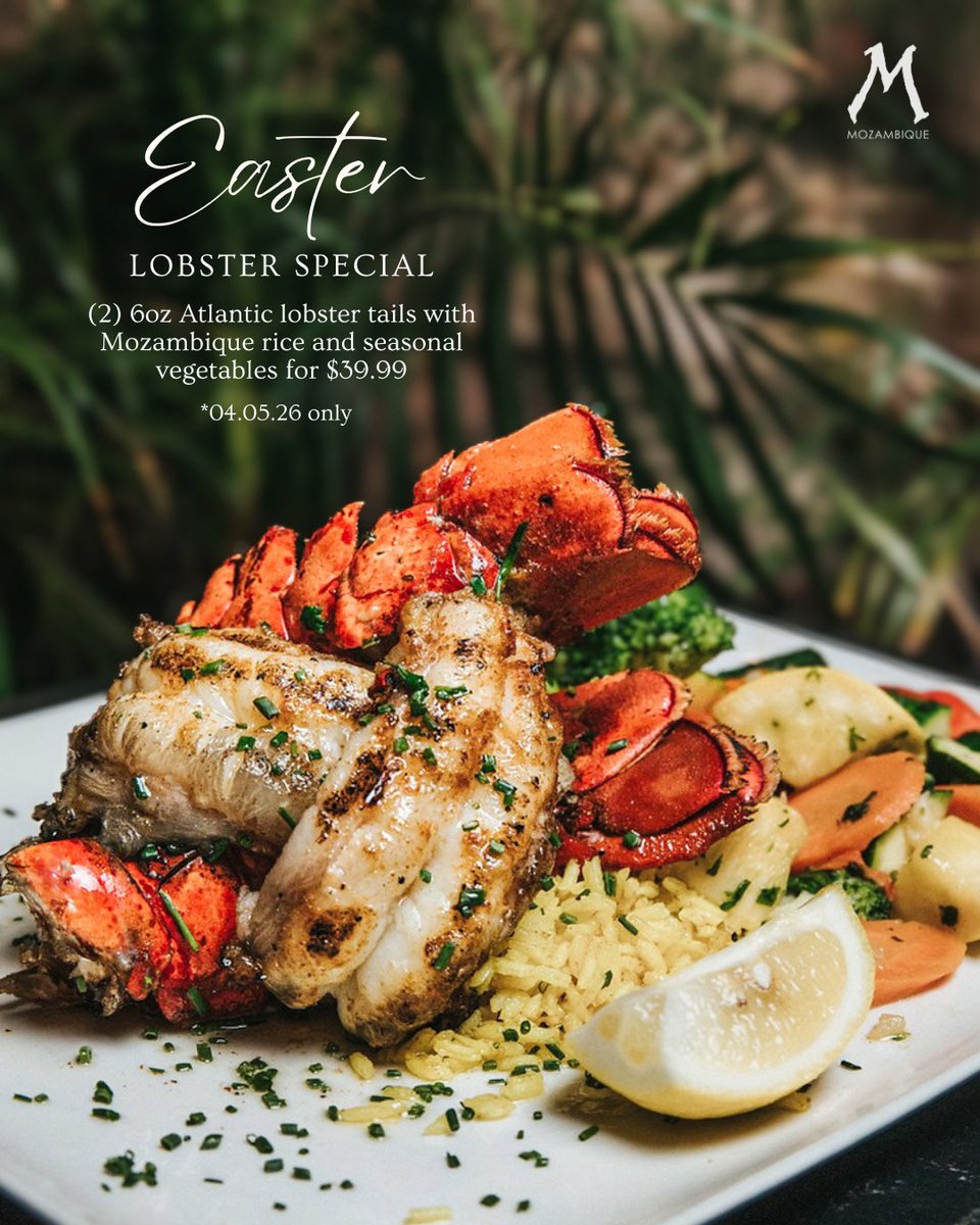Celebrate Easter with our beloved lobster special!
Two 6oz Atlantic lobster tails, served with Mozambique rice and seasonal vegetables for $39.99 

🦞Available exclusively on Easter Sunday, April 5th.