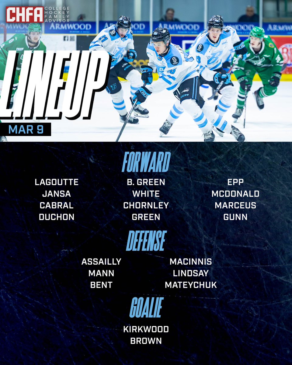 The lines as we take on the Oil Capitals! Brought to you by College Hockey Family Advisor!

#NewEra #LetsGoBlues
📸 Kalee Haasbeek
