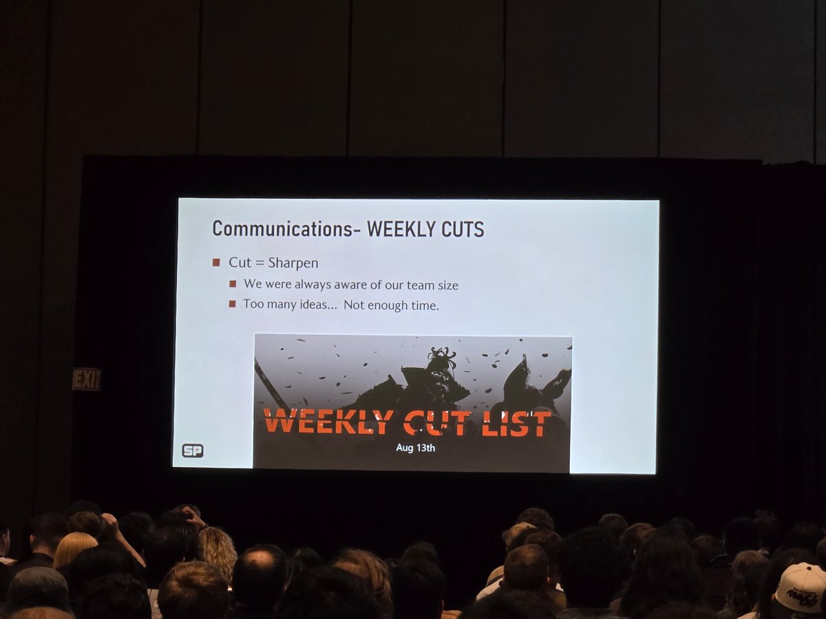 ColorTheBooks's tweet image. "Celebrate cutting elements from your game." Cutting mechanics that don't lend themselves to your overall gameplay pillars leads to a sharper gameplay experience and celebrating their demise keeps morale and momentum up #gdc #gamedev #suckerpunch