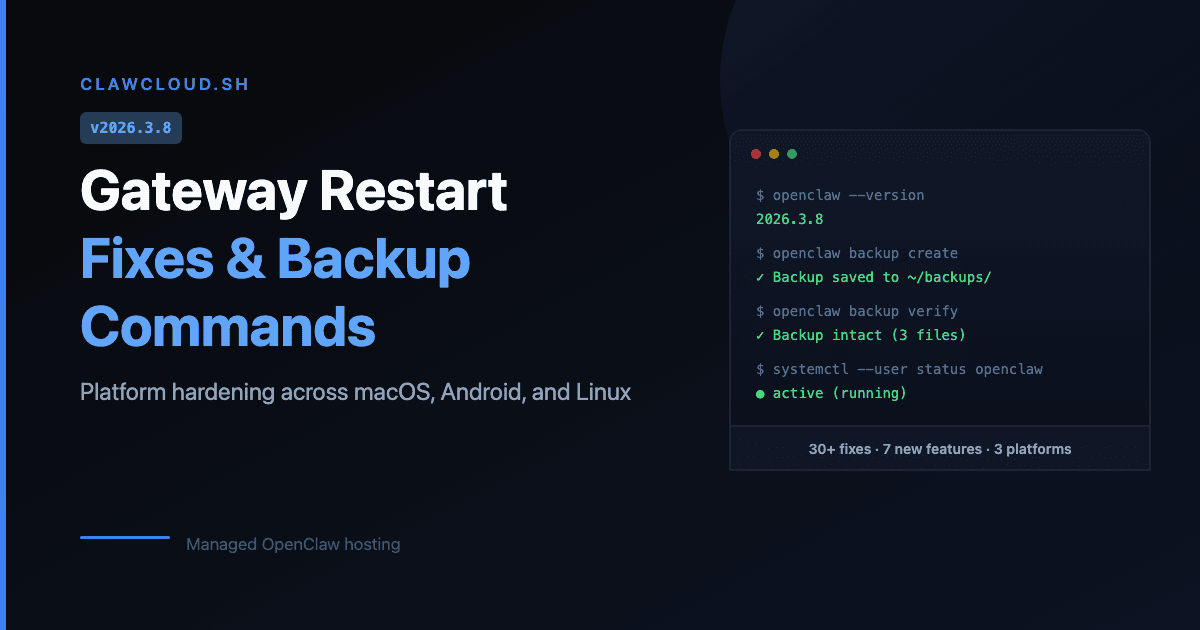 KenanBekk's tweet photo. OpenClaw 2026.3.8 dropped. The big one: gateway restart bug is fixed. If your bot was going silent after config changes on a VPS, that should stop happening now.

Also: backup/restore CLI commands. Finally. https://t.co/xiWLbdLKQ5
