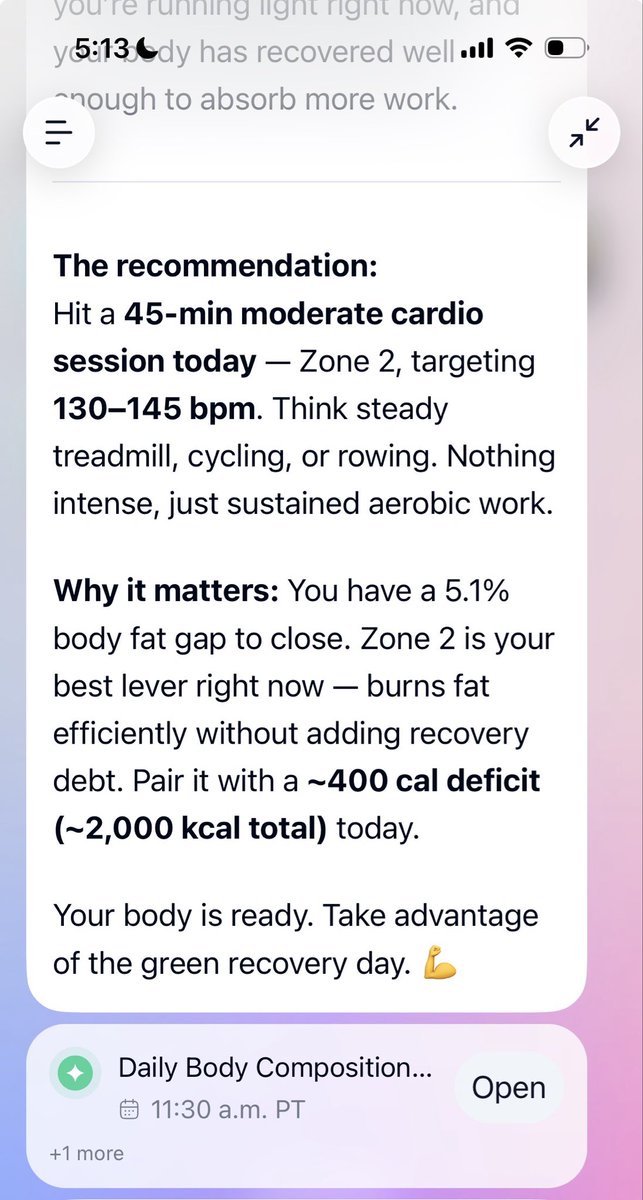 I connected my Adaptive to Whoop and my Wyze smart scale and now it’s whipping me into shape for my wedding.

It gives me a quest everyday based on my sleep data and my progress towards my current goal.