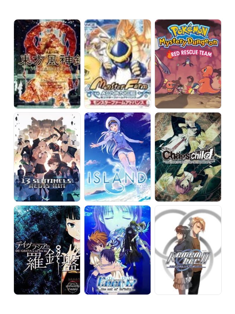 私を構成する9つのゲーム
#My9Games #私を構成する9つのゲーム
my9games.com/s/1a649db7e2fa…
東方風神録
モンスターファームアドバンス
ポケダン赤
十三機兵防衛圏
ISLAND
カオスチャイルド
デイグラシアの羅針盤
Ever17
Remember11