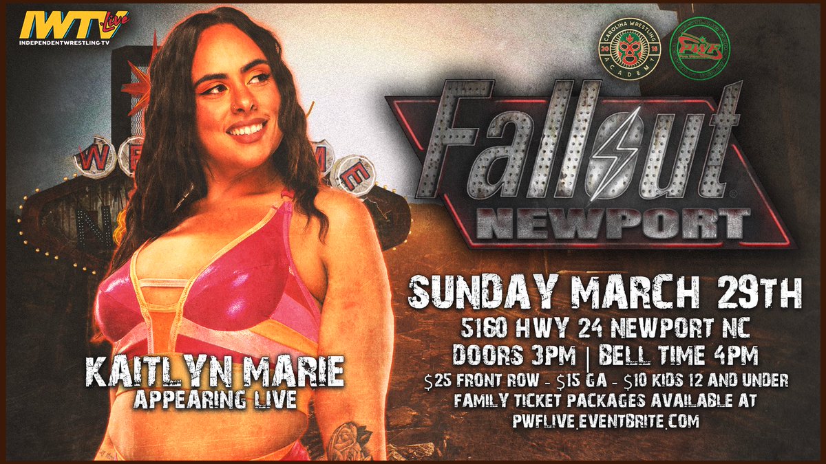 PWFLive's tweet photo. ‼️TALENT ANNOUNCEMENT‼️

The newly former 2x PWF Champion will be in the house at #PWFNewport!

How will she address her surprise loss against the returning Steve Corino? What does this mean for the future of the “Baddest Chick in the Game” in PWF?

Find out March 29th, when PWF presents Fallout: Newport!

Experience the action the best way possible by buying a ticket and being apart of the action or watch LIVE on https://t.co/IVhQzvajVh!

☢️ Fallout: Newport
📅 Sunday, March 29nd
📍 Carolina Wrestling Academy – 5160 Hwy 24, Newport, NC

🚪 Doors: 3pm 
🔔 Bell Time: 4pm

🎟 Secure your seat in advance by buying your tickets now! 

👉 https://t.co/m7O4gaOZN2