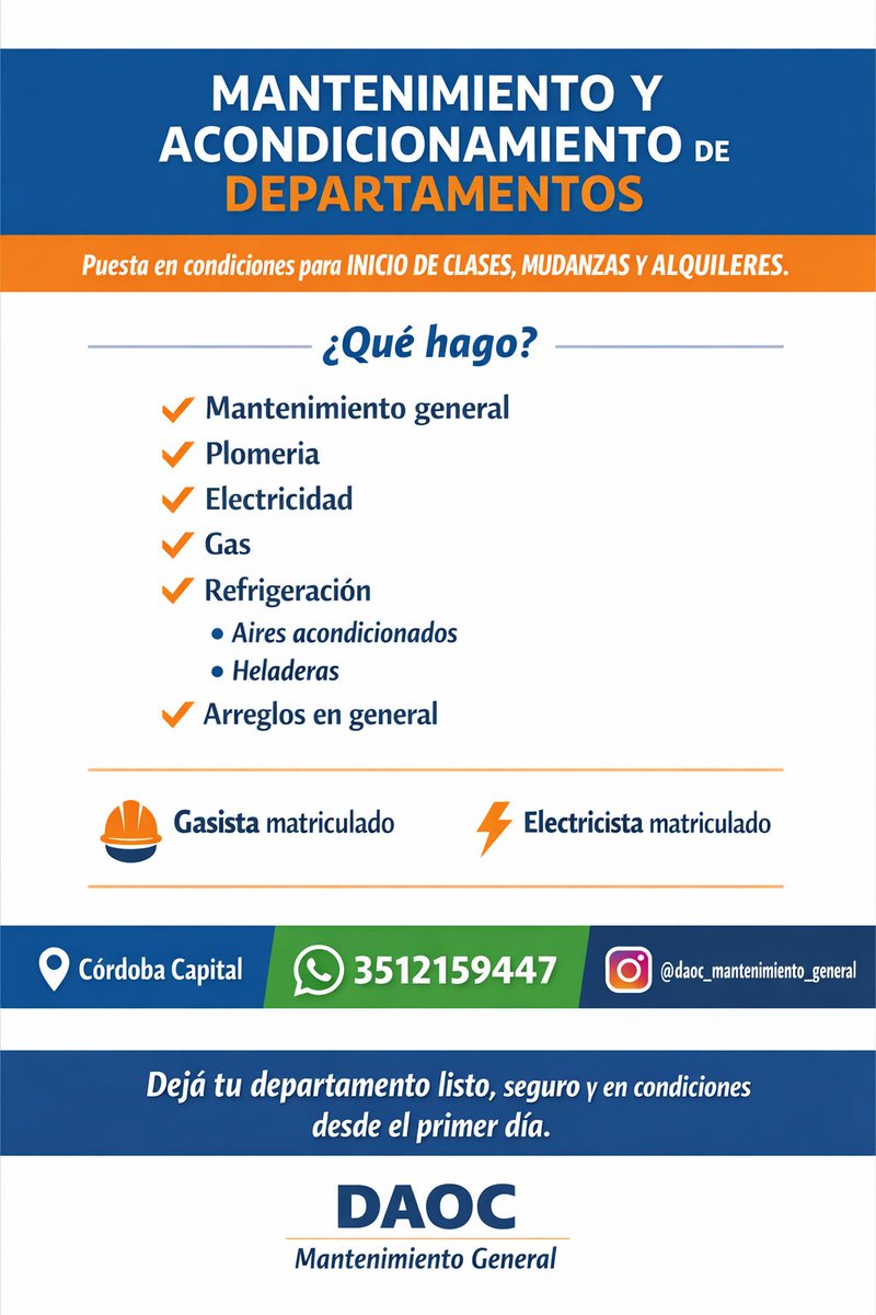 DiegoRefridread's tweet photo. MANTENIMIENTO Y ARREGLOS PARA DEPARTAMENTOS Y CASAS 

✔ Plomería
✔ Electricidad
✔ Gas (gasista matriculado)
✔ Instalaciones y arreglos eléctricos
✔ Mantenimiento de aires acondicionados
✔ Reparaciones en general
responsable y con experiencia.

 WhatsApp: 3512159447 https://t.co/auAZHxkN5f
