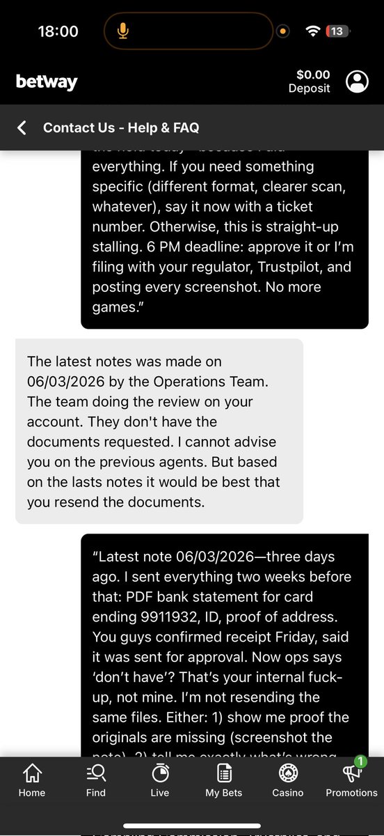 GcapGt's tweet photo. @betwaycanada @BetwaySupport this is how Betway Canada help there clients they advised me the doc they wanted from me was received last week when I reached out again they don’t have them I can’t get a clear answer from Betway I have screenshots https://t.co/a95VIAH2uN