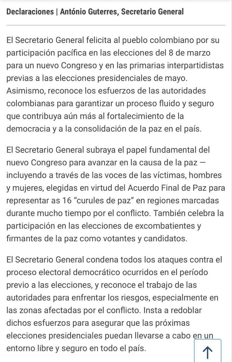 onucolombia's tweet photo. Secretario General de la ONU felicita al pueblo colombiano por su participación pacífica en las elecciones del 8m y reconoce esfuerzos para garantizar un proceso fluido y seguro contribuyendo  al fortalecimiento de la democracia y consolidación de la paz.

https://t.co/x7OXM6G4uO https://t.co/Kgdu4pLu6x
