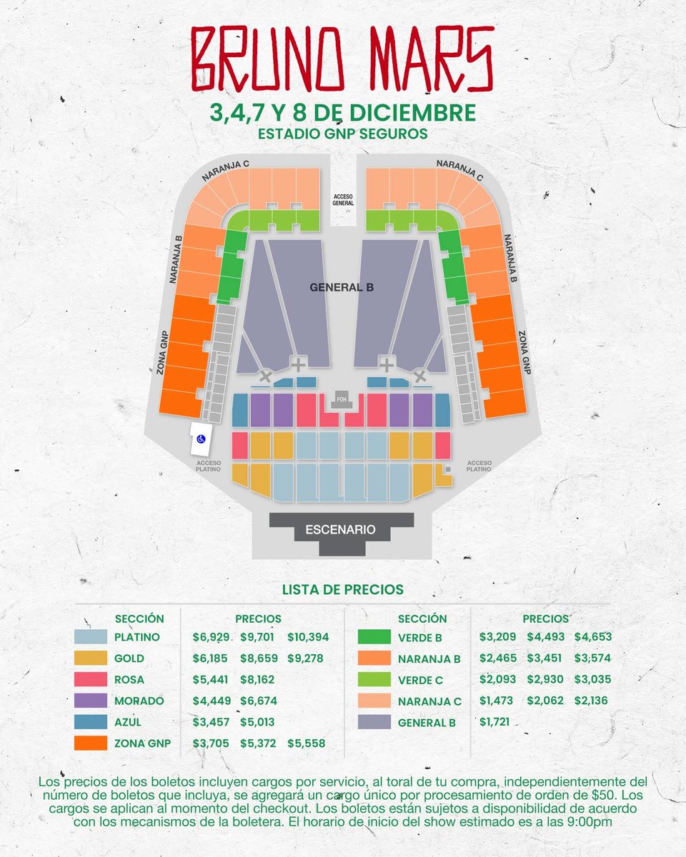 ¿Y esta Rosa? #Ocesa publica mapa y precios de #BrunoMars 2 días antes de la Venta de boletos 

Preventa Fans: 11 de marzo. 
- 3 y 4 de diciembre 12:00 P.M.
* 7 y 8 de diciembre 2:00 P.M.
Venta general: 12 de marzo. 
- 3 y 4 de diciembre 12:00 P.M.
* 7 y 8 de diciembre  2:00 P.M.