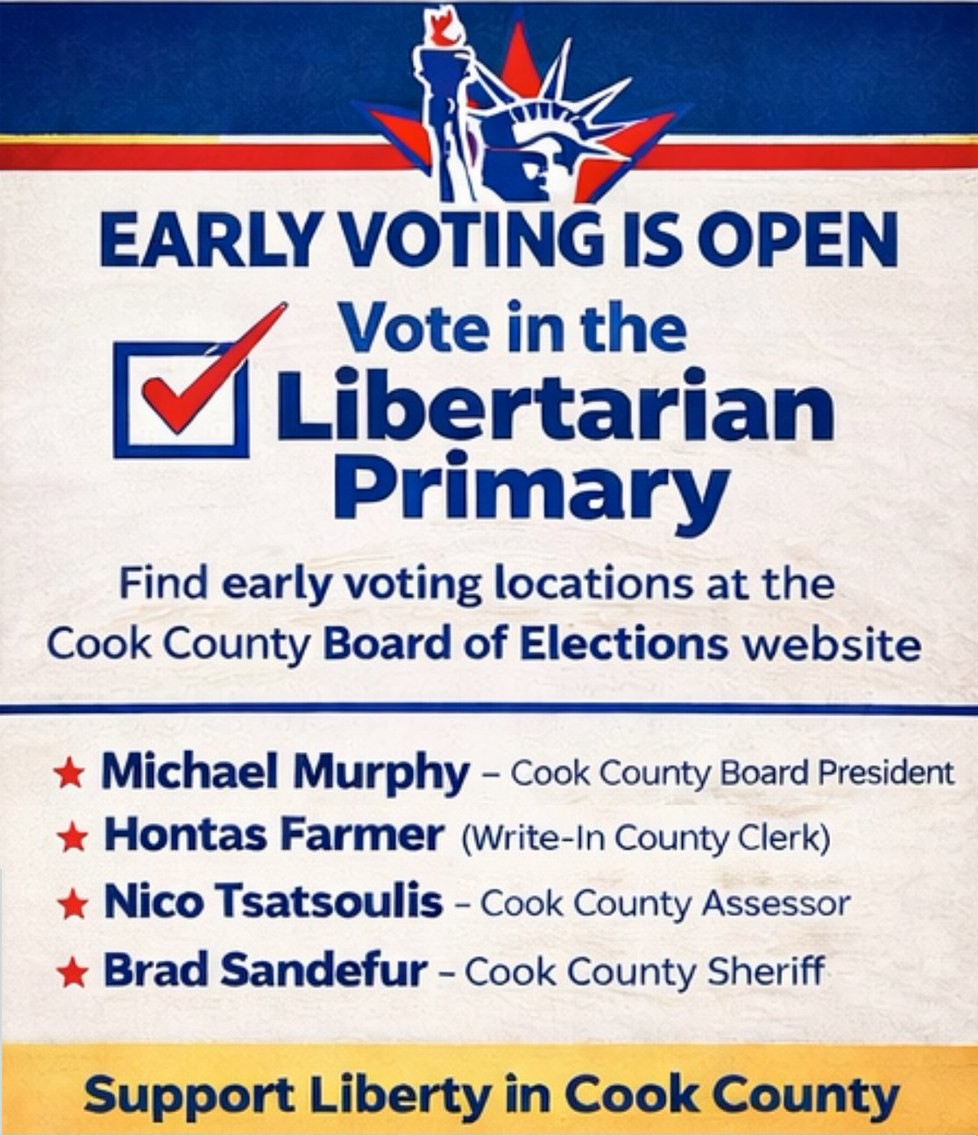 ChicagoLP's tweet photo. Breaking election news. The LP of CC has endorsed Michael Murphy for Board president.   Stand with us for real change.  VOTE in the Libertarian Primary.  https://t.co/l3rjWUgxf3  https://t.co/sHTd1CgfUW https://t.co/M3qImJHKbG