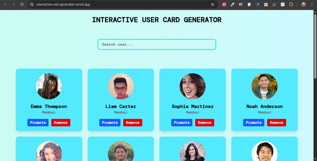 ManolisTheDev's tweet photo. Day 20 of #GDGoCBowen #GDGoC30DayChallenge #GDGoCBowen30DayChallenge
Today, I built a page that dynamically displays user cards and reacts to user interactions. It reacts to user promotion and removal.
Code : https://t.co/6hjmoYMVRR
Live : https://t.co/TfrsDSftBJ
@gdgoc_bowen https://t.co/NxY6eaHxfn
