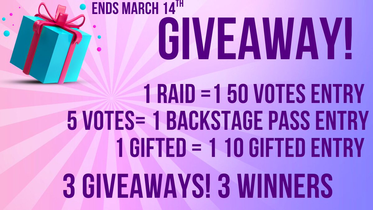 TwiceSlice's tweet photo. Giveaways this week on @blaze_stream
include 3 winners!
 Prizes:
 - 1 backstage pass 
-50 votes to your channel 
-10 gifted subs or $50 in $BLAZE (grand prize for gifters)  
How to enter:
 -5 votes gets you an entry to win a backstage pass 
 -A raid gets you 1 entry to win 50 votes to your channel  use /raid twiceslice when you end your live! 
 -1 gifted sub gets you an entry to win 10 gifted subs to your channel or $50 in $BLAZE ENDS SATURDAY